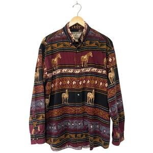 Bit & Bridle Button Up Shirt Horses Southwest Aztec Western Cowboy Rodeo Mens M